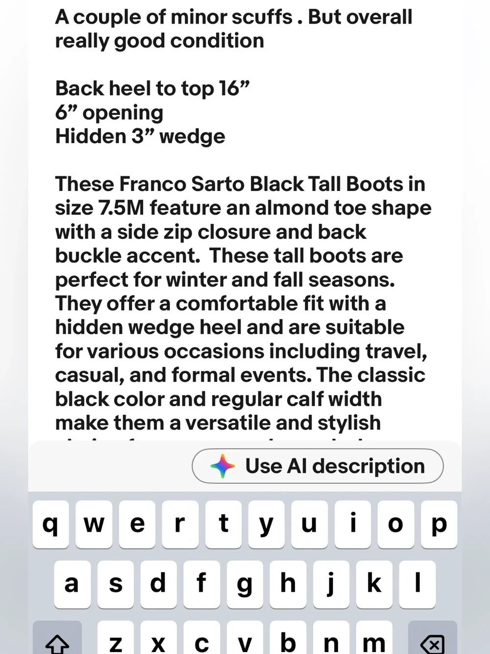 Franco Sarto 7.5M Tall Black Boots wedge Almond Toe Buckle Detail Side Zipper